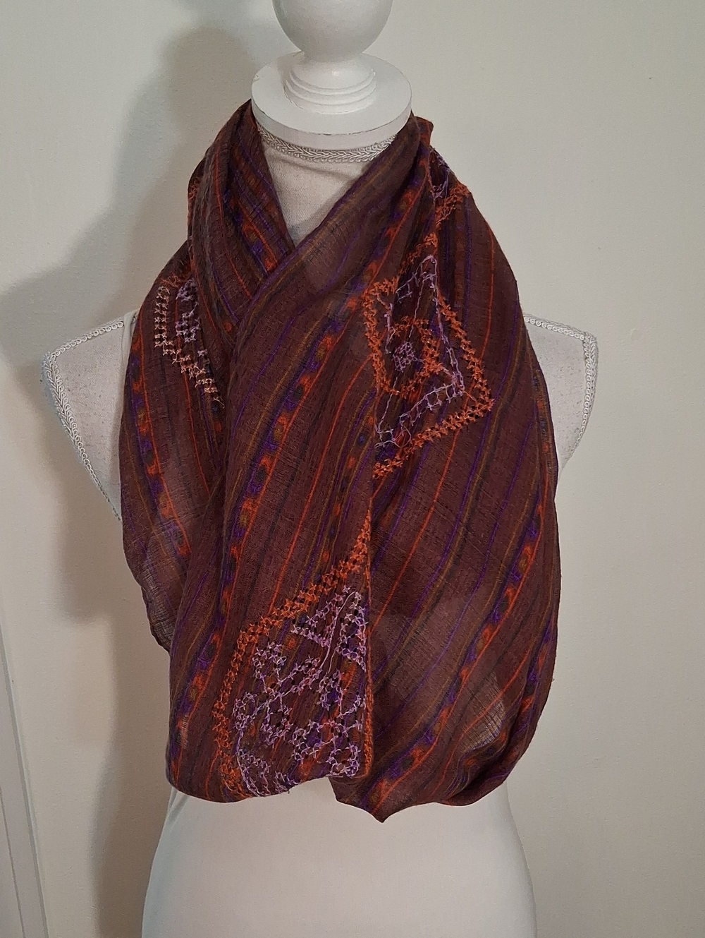 Lightweight Purple & Orange Embroidered Women's Infinity Scarf